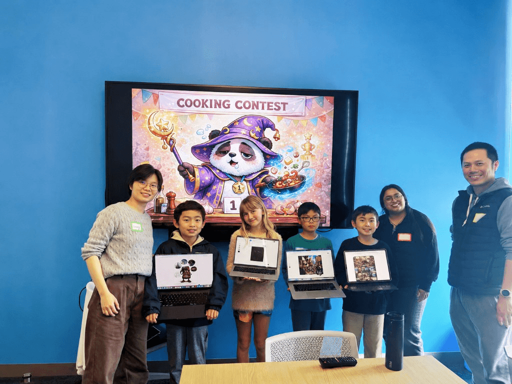 Students and mentors celebrating finished projects with laptops at AI Director Lab