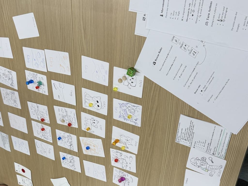 Hand-drawn cards and tokens laid out on the table during a playtest