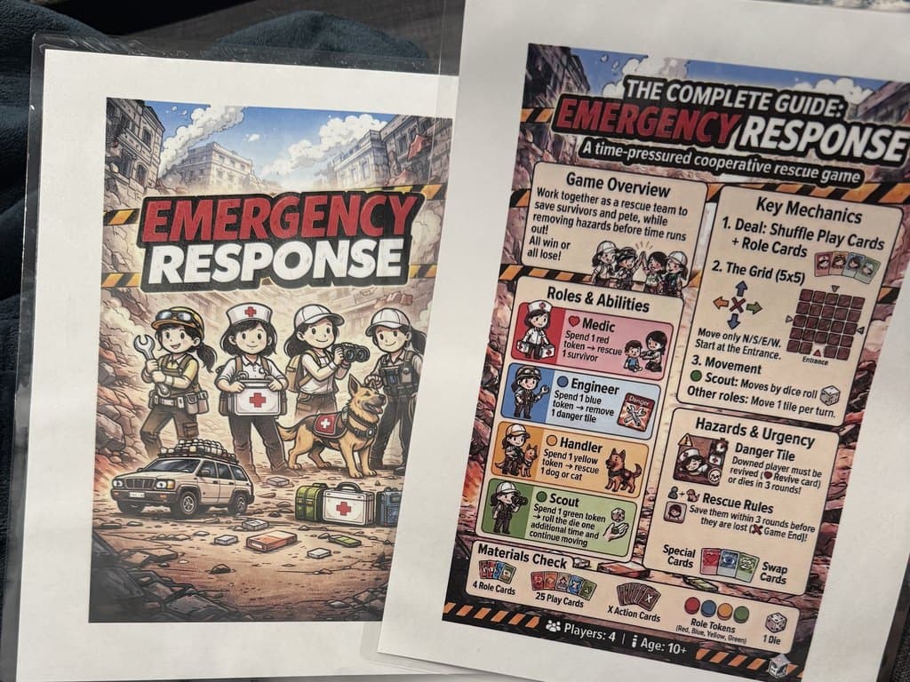 A student's printed cover art next to the one page rules guide for their game