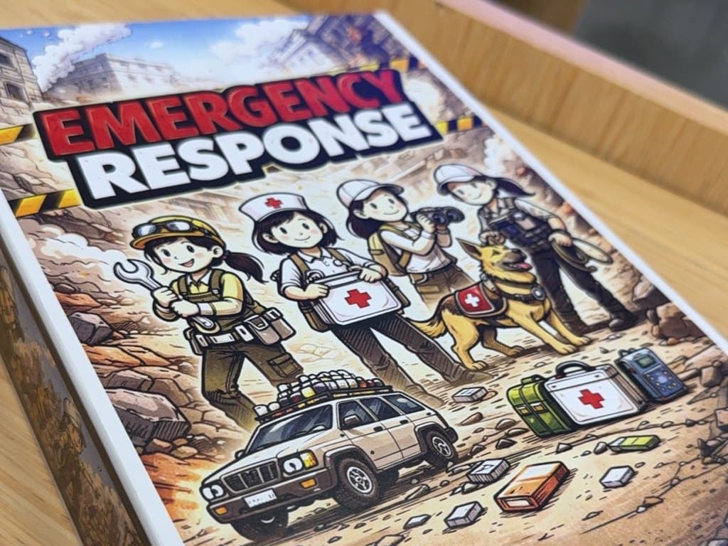 A finished student board game, Emergency Response, printed and boxed on the table