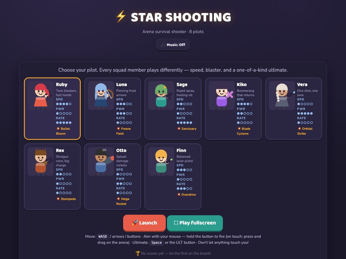 Pilot select screen of Star Shooting, a student-made arena survival shooter