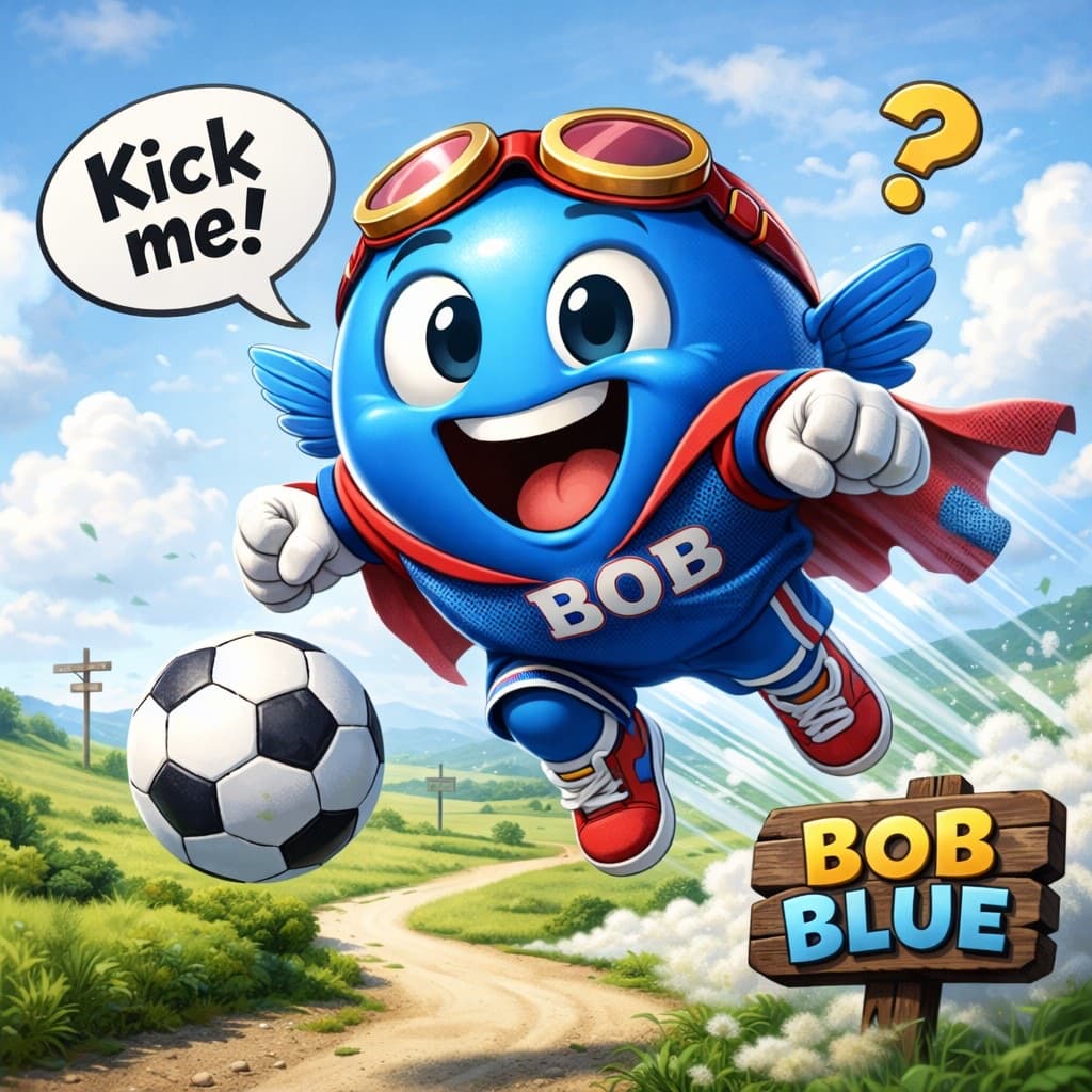 Bob Blue, a round blue soccer hero with a red cape