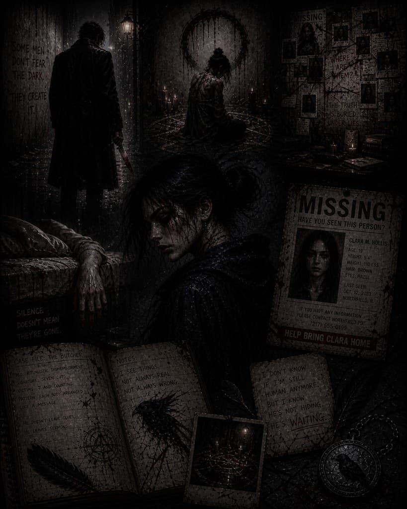 Moody character collage for a missing-person mystery story