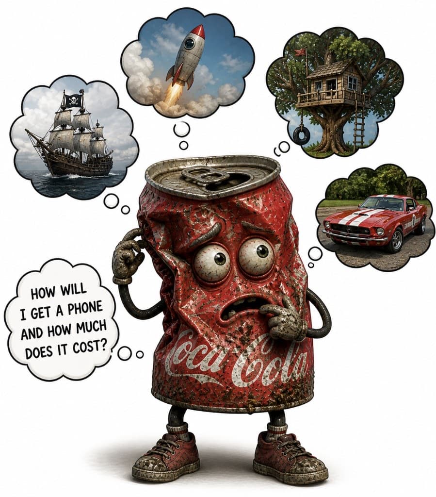 Anxious anthropomorphic soda can with adventure daydreams