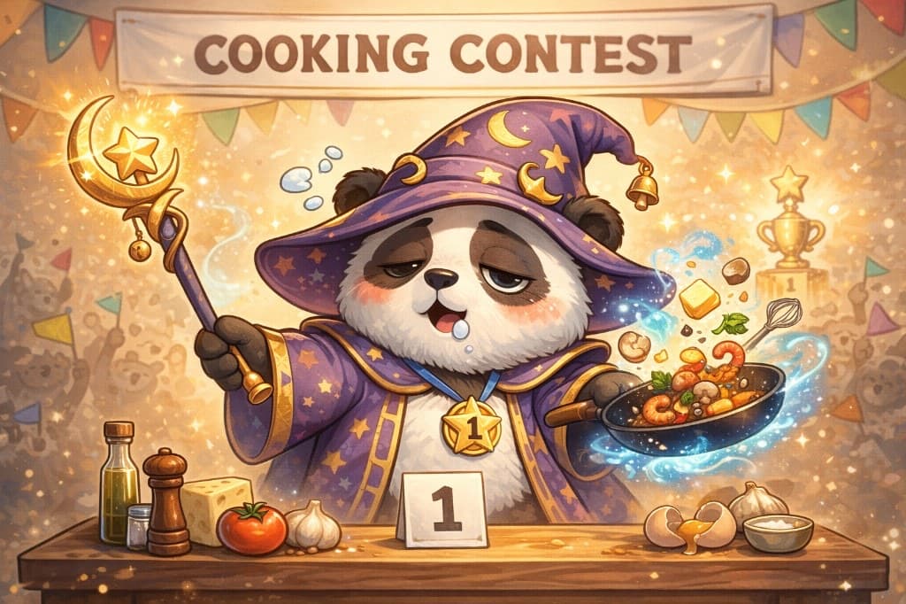 Wizard panda winning a magical cooking contest