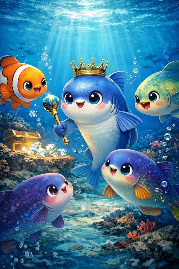 Underwater fish characters gathered around a crowned leader