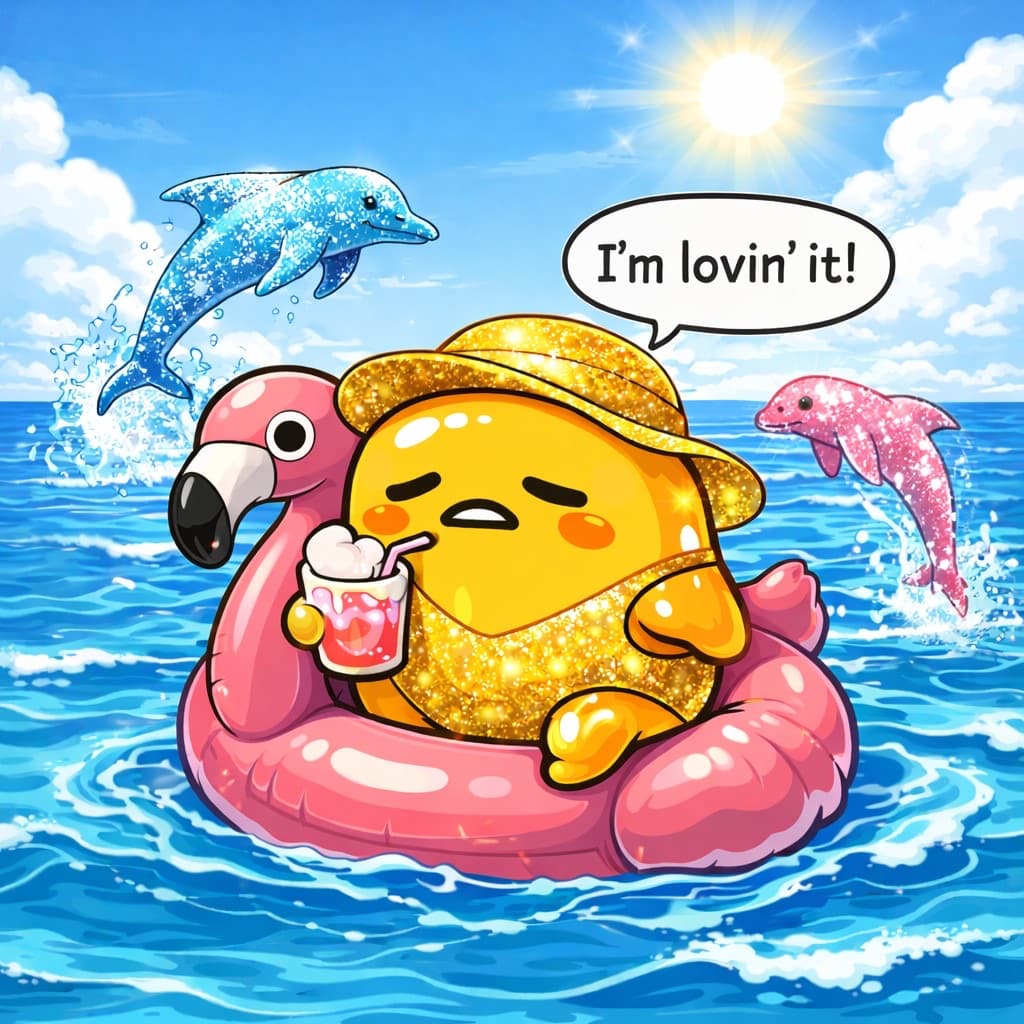 Lazy egg character relaxing on a flamingo float