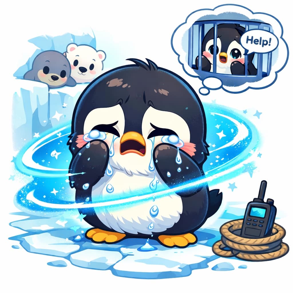 Distressed penguin calling for help in a snowy world