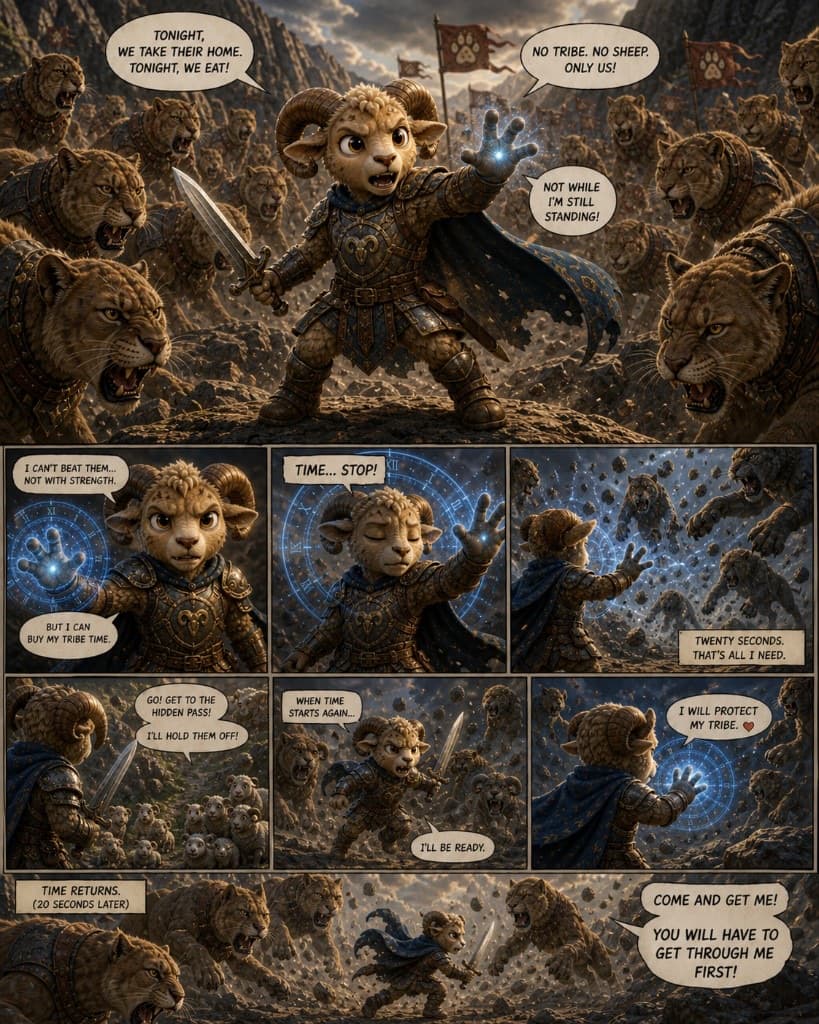 Armored ram hero protecting his tribe in a comic scene