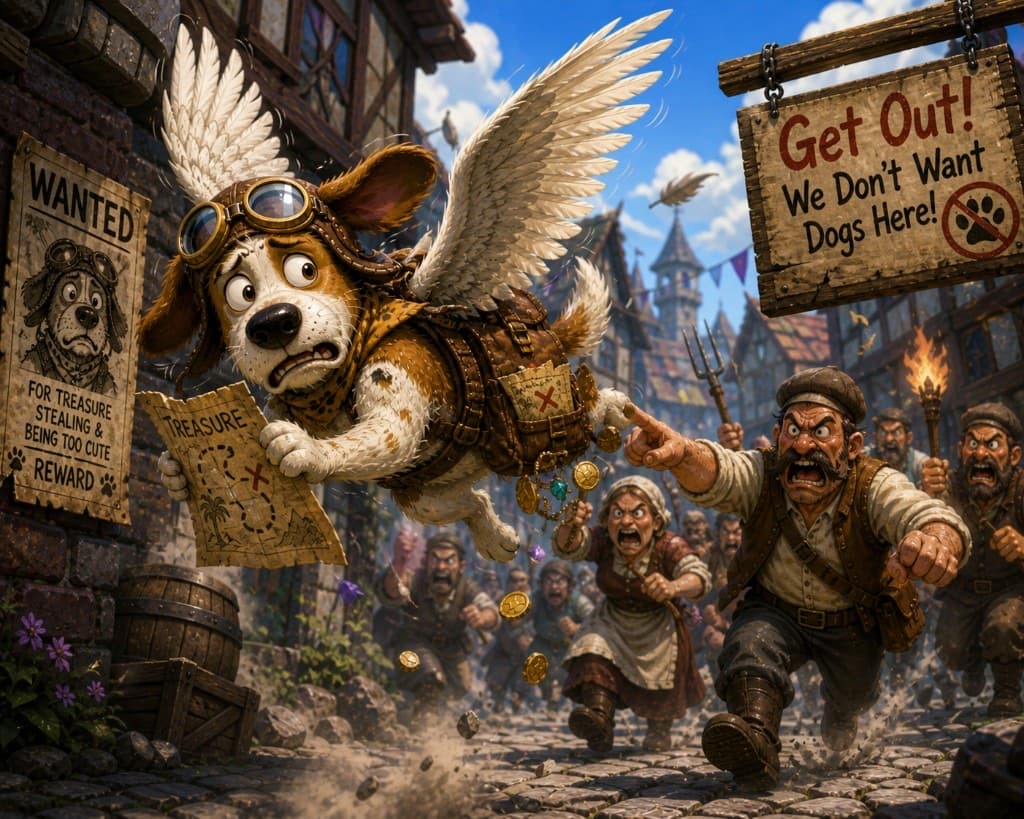 Winged dog flying through town with a treasure map