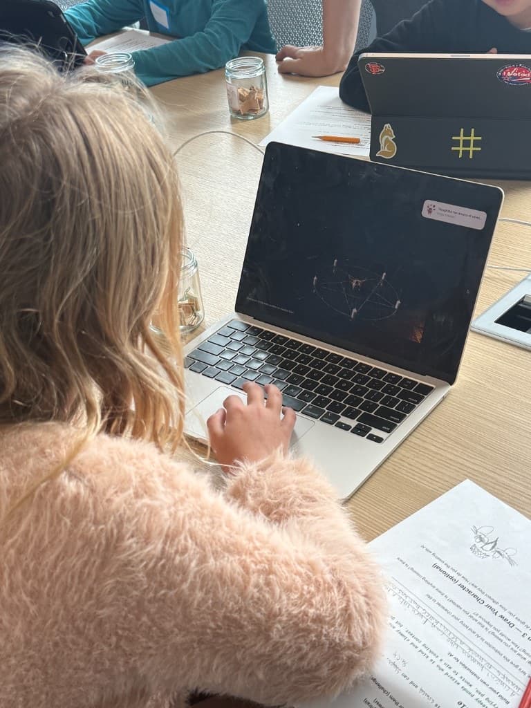 Mentor pointing to an AI-generated character while a student writes