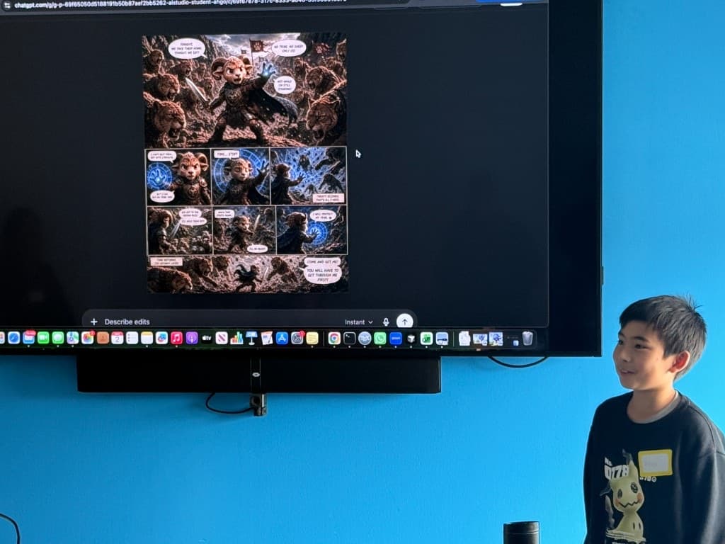 Student smiling beside an AI-generated comic on the classroom screen