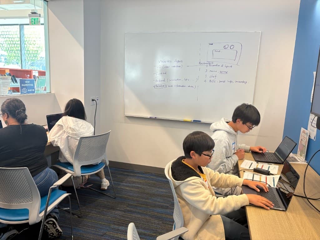 Students coding on laptops with website-layer notes on the whiteboard