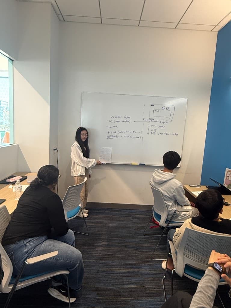 Student presenting website layers to classmates at the whiteboard
