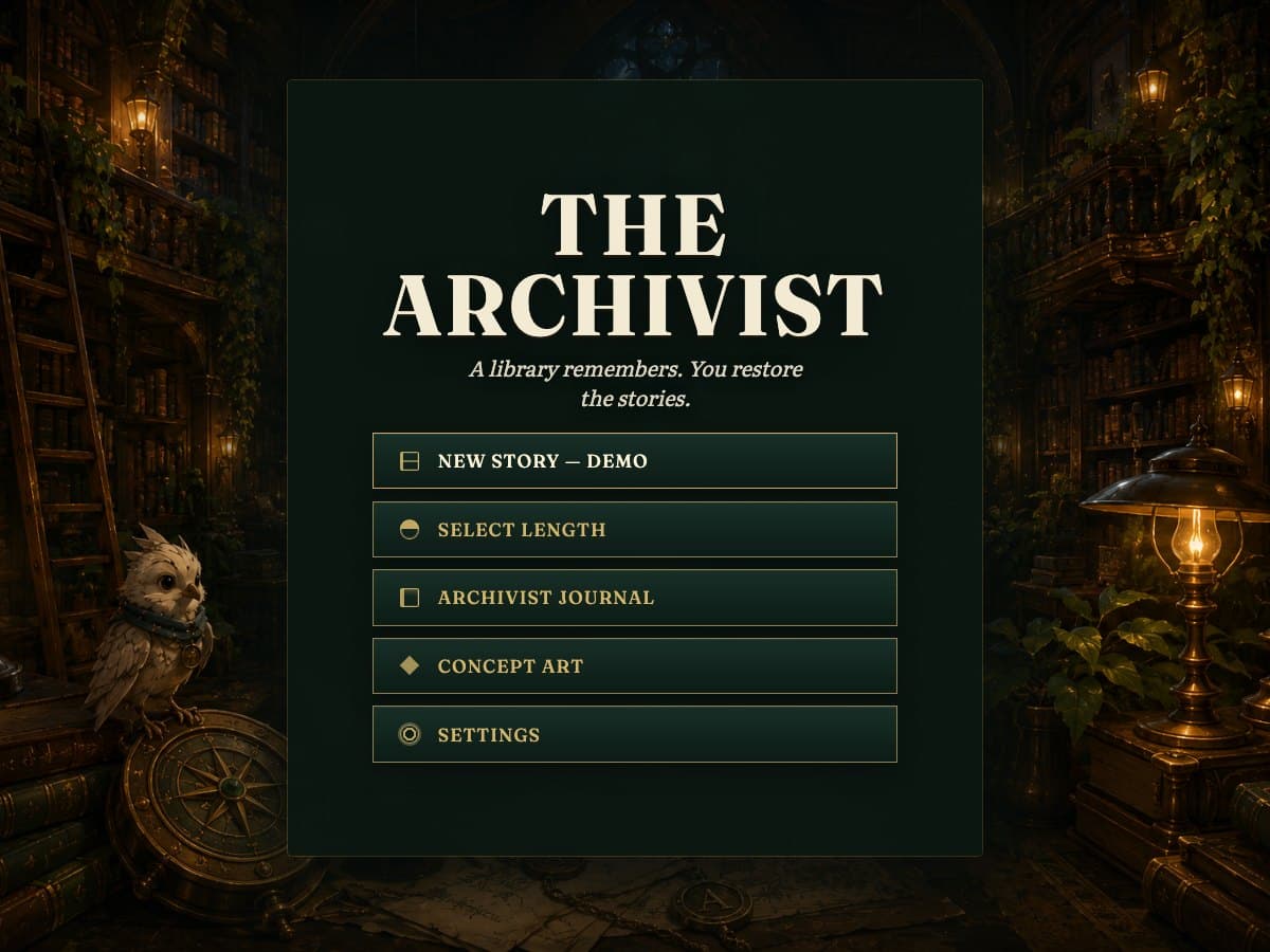 Title screen of The Archivist, a student-made library puzzle story