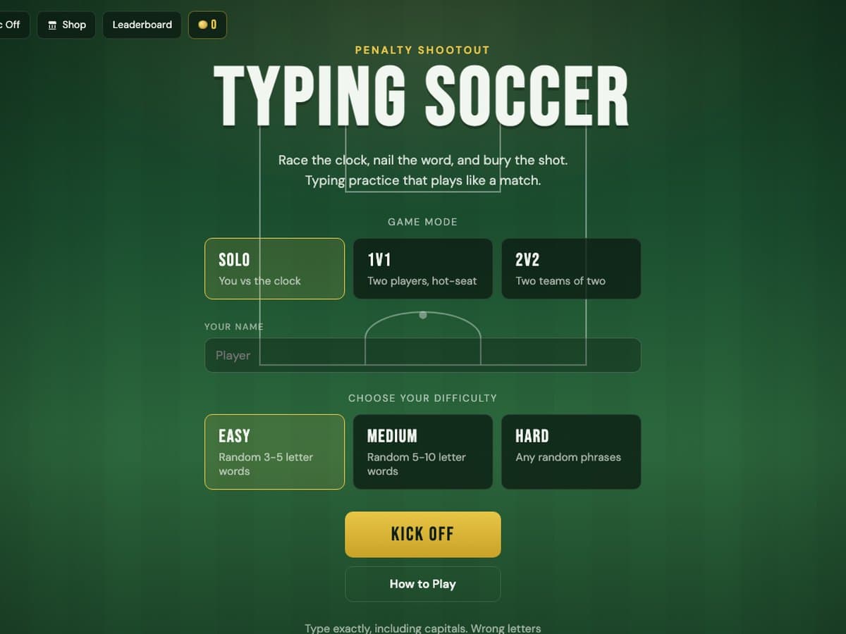 Title screen of Typing Soccer, a student-made typing game